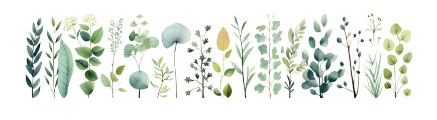 Set of watercolor green leaves, for postcard, banner. Watercolour clipart drawing.