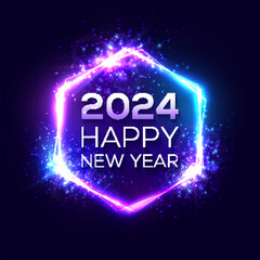 Happy New Year 2024 hexagon neon sign on dark blue celebration background. Holiday greeting card design with glowing text glitter. Dark night club party style. Light hex decoration vector illustration