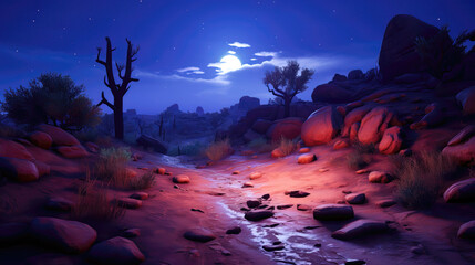 Obraz na płótnie Canvas Hiking trail in the desert at night. 3D rendering