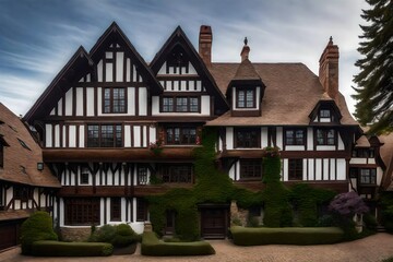 Fototapeta na wymiar Tudor revival house with stucco and half-timbered facade - AI Generative