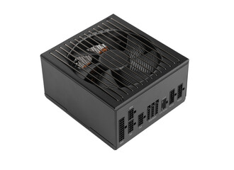 Black metal power source of computer isolated on the white background. Computer power supply on a...