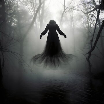 Woman/witch/ghost floating through creepy foggy woods