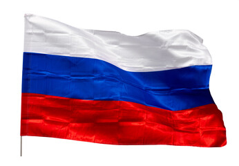 Close-up picture of national flag of Russian Federation waved in breeze. Isolated over white background
