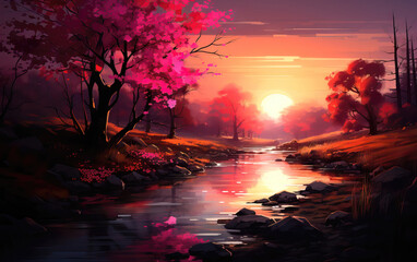 Autumn landscape with colorful trees, river and sunset. Digital painting