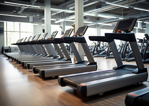 interior of a gym treadmills high quality photo