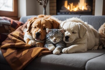 Cute golden retriever dogs and gray tabby cat resting together snuggled on the green sofa by the fireplace on a fall afternoon