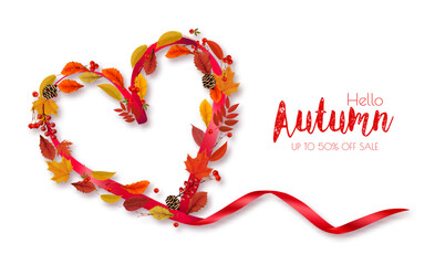Autumn colorful forest leaves, berries, cones, acorns, viburnumin the shape of a heart Sale Frame and red ribbon.   Vector.