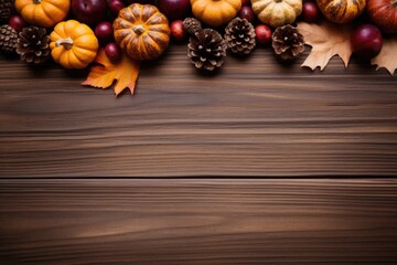 Happy Thanksgiving season celebration traditional pumpkins on decorated wooden table fall leaves background. Halloween decorations wood autumn cozy flat lay, top view, copy space.