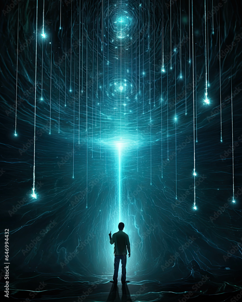 Wall mural man standing under the rain of information connected to data clouds