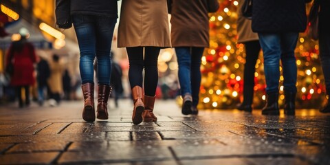 People walking along a Christmas tree in the city center. Generative AI - obrazy, fototapety, plakaty