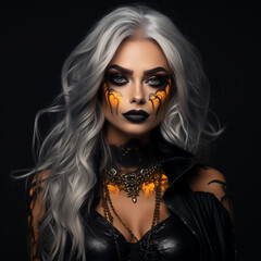 Fototapeta premium Fotografia de chica atractiva con maquillaje y accesorios de disfraz de Halloween