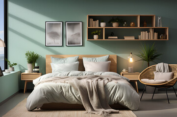 scandinavian modern interior design of bedroom, mint colored walls