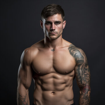 Fotografia de hombre atractivo deportista con musculos definidos y tatuajes
