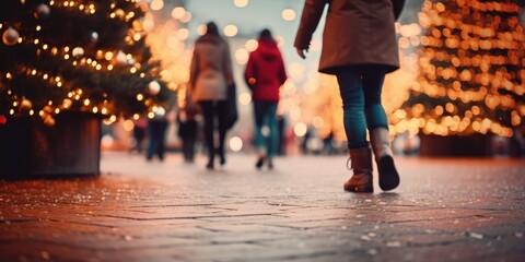 People walking along a Christmas tree in the city center. Generative AI
