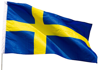 Fabric of Swedish national flag flutters in wind. Isolated over white background