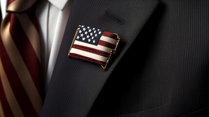 photograph of a flag badge on a businessman's lapel