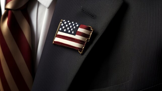 photograph of a flag badge on a businessman's lapel