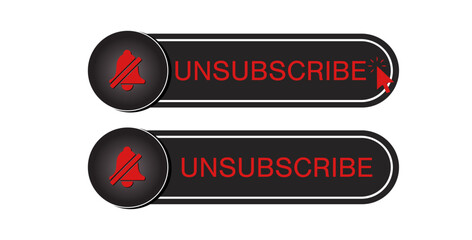 Black red colored 3d unsubscribe button with text, alarm ring vector illustration. Unsubscribing button design to use in website notification projects.