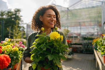 Pretty woman gardener holding flower pot while standing on greenhouse yard background