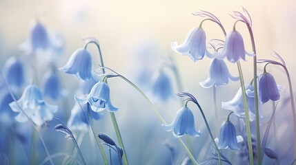 Beautiful bluebell flowers. Glade with blue bells. Campanula closeup. Blooming meadow. Natural background. Illustration for cover, card, postcard, interior design, decor or print.