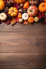 Happy Thanksgiving season celebration traditional pumpkins on decorated wooden table fall leaves background. Halloween decorations wood autumn cozy flat lay, top view, copy space.