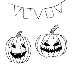 Halloween pumpkins and flags on white background. Hand drawn vector illustration. For coloring, advertising, packaging, invitations, business cards, postcards, printing