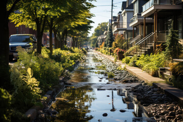 Fototapeta na wymiar Green Infrastructure. Rain gardens and permeable pavements managing stormwater runoff, illustrating sustainable urban planning for a resilient climate. Generative Ai.