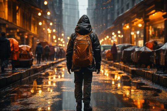 City Explorer. Person wandering through a bustling urban landscape, capturing the curiosity to go everywhere. Generative Ai.
