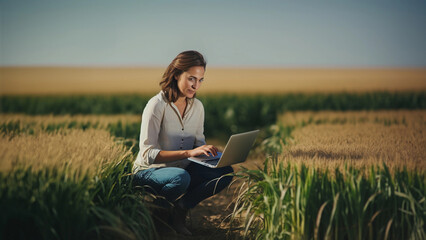 Naklejka na ściany i meble Portrait of a woman scientist checking quality of crop in a field, bringing data into laptop. Landscape with infinity field of ripe wheat. Сoncept of a modern scientific approach in agriculture