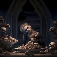 The sin gluttony in the form of a woman, feasting on the souls and bones of the damned - obrazy, fototapety, plakaty