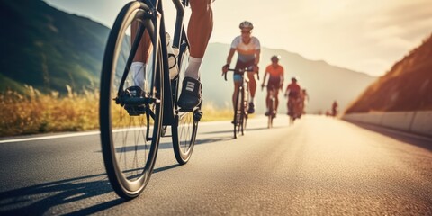 Team of cyclists rides on the highway. Generative AI