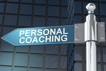 Personal coaching word on road sign with building as background