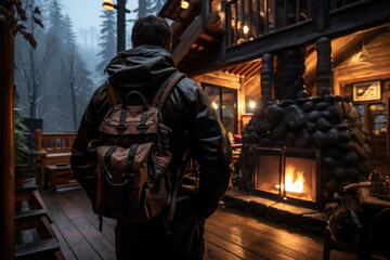 A person prepares to enter a cozy cabin after a day of snowshoeing, looking forward to relaxation and warmth by the fireplace. Generative Ai.