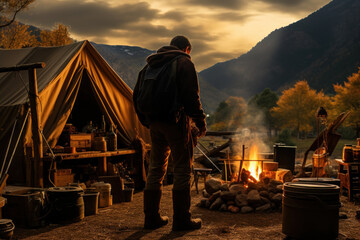 Fototapeta premium A person sets up a rustic campsite in the wilderness, embracing the back-to-basics experience of 