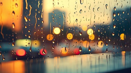 Raindrops on the windshield. Blurred lights of the night city behind rainy glass. Rainy night. Defocused view of city road through wet glass. Illustration for card, poster, cover, brochure, etc.