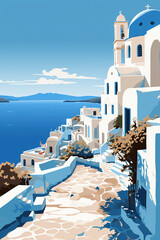 Duotone basic pop art vintage style travel poster of the Greek island of Mykonos.