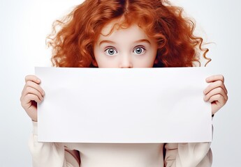 A young beautiful girl holds a blank paper card in front of her on a white background. Can be used for advertising, marketing, promoting or presentation.