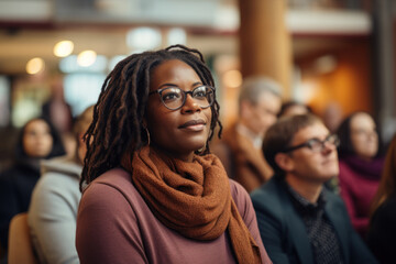 Obraz premium A person attends a discussion group at a community center, engaging in meaningful conversations and expanding perspectives in an inclusive third space. Generative Ai.