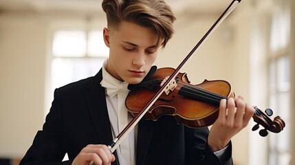 Young male musician playing the violin. Music school exam concept. A guy performs classical music on a string instrument. Illustration for cover, card, postcard, interior design, decor or print.