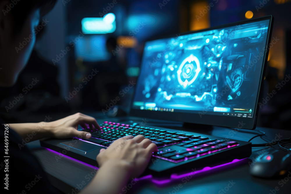Poster a close-up of a person's hand displaying an esports team logo on a customized gaming mousepad. gener