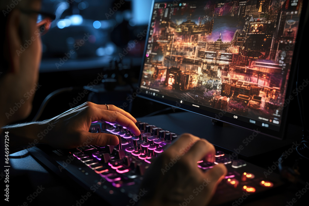 Poster a close-up of a person's hand adjusting the settings on a high-refresh-rate gaming monitor. generati