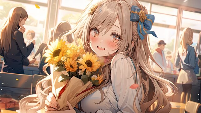 Cute student girl with flowers