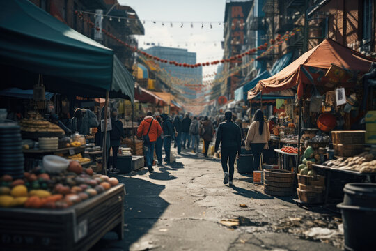 A bustling street market in a multicultural neighborhood, showcasing the vibrancy of urban communities. Generative Ai.