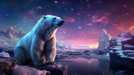 professional photo of a polar bear at the north pole, northern lights - obrazy, fototapety, plakaty