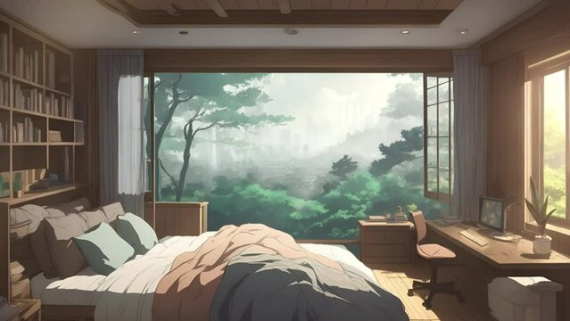 Animated backgrounds wallpapers, streamer overlay, seamless loop. Cozy living room with bed and big window with Japanese garden view. vtuber streamer asset twitch zoom OBS screen, anime chill hip hop