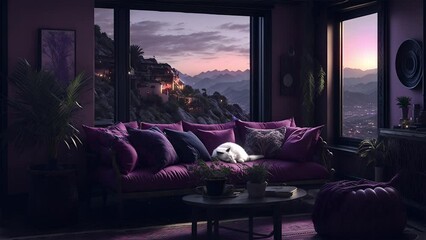 Cat sleeping on sofa in luxury living room. Chill animated virtual backgrounds. stream overlay loop, cozy lo-fi at night, vtuber asset twitch zoom OBS screen, anime chill hip hop.