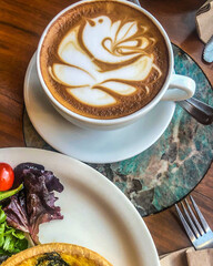 latte breakfast with bird art