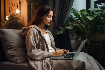 young woman in comfortable clothes working with her laptop from home