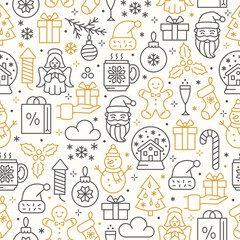 Christmas seamless background. Line icon banner with angel, Santa, gingerbread man, snowball, snowman, christmas tree and gift box. Winter vector pattern.