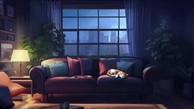 Cozy living room at night, with purple sofa and cat. Chill vibe animated virtual backgrounds, wallpapers. Stream overlay loop, vtuber streamer asset twitch zoom OBS screen. Anime lo fi hip hop styled.